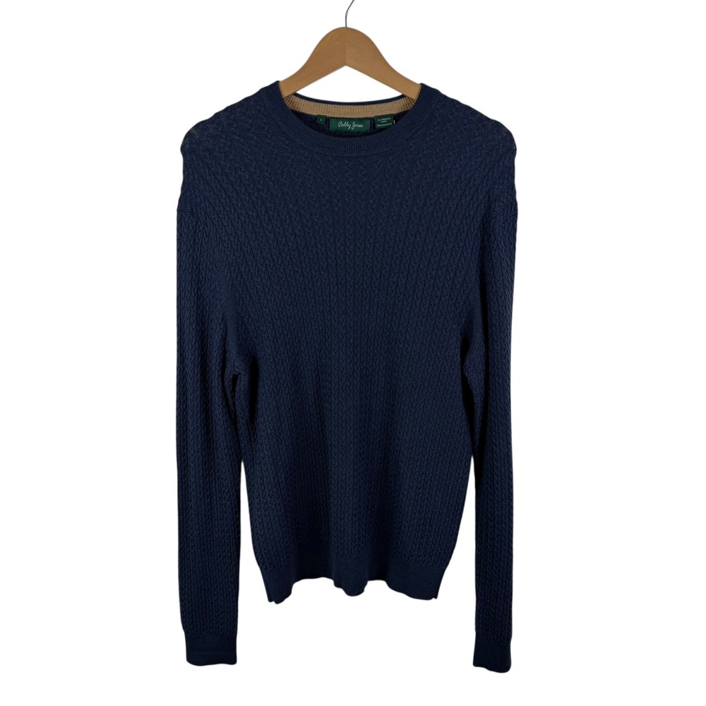 Bobby Jones Mens Merino Wool Cable‎ Knit Sweater Large Blue Preppy Stretch Cozy